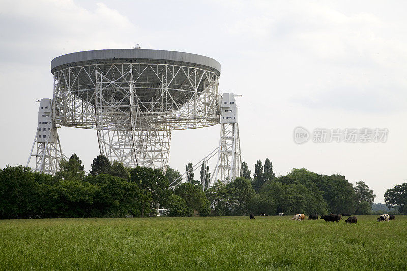 Jodrell Bank的射电望远镜俯瞰田野